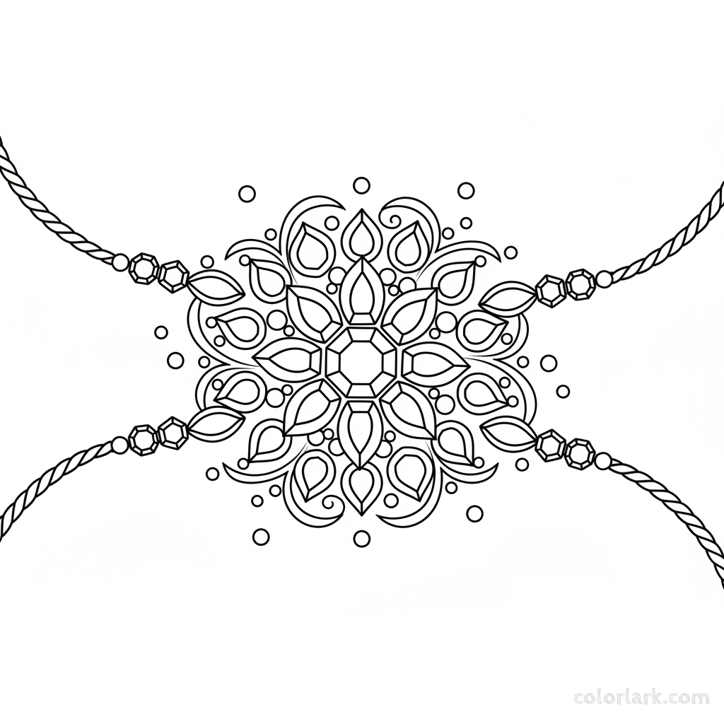 Black and white line art of an elegant stone-studded Rakhi with various sized gemstone outlines and subtle swirls for glamorous coloring.