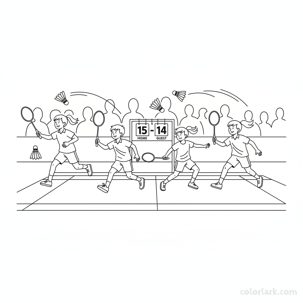 Four children playing doubles badminton vigorously during a school tournament, with a scoreboard in background.