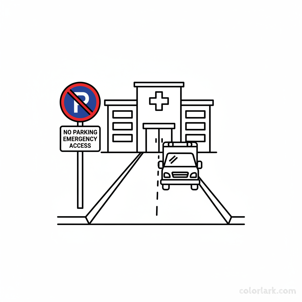 Black and white line art of an Indian no parking sign in an emergency access lane with an ambulance.