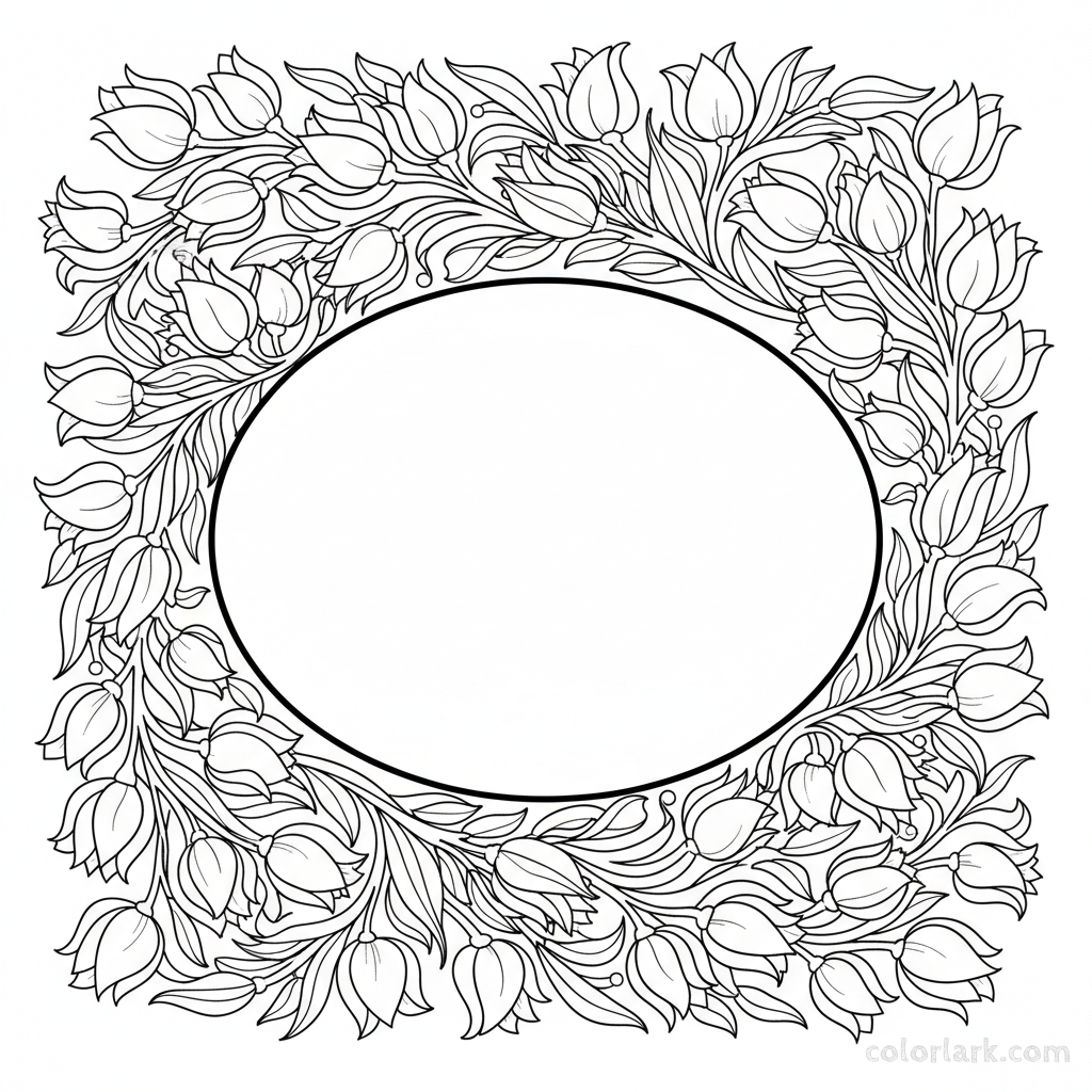Line art illustration of an empty frame bordered by intricate tulip designs