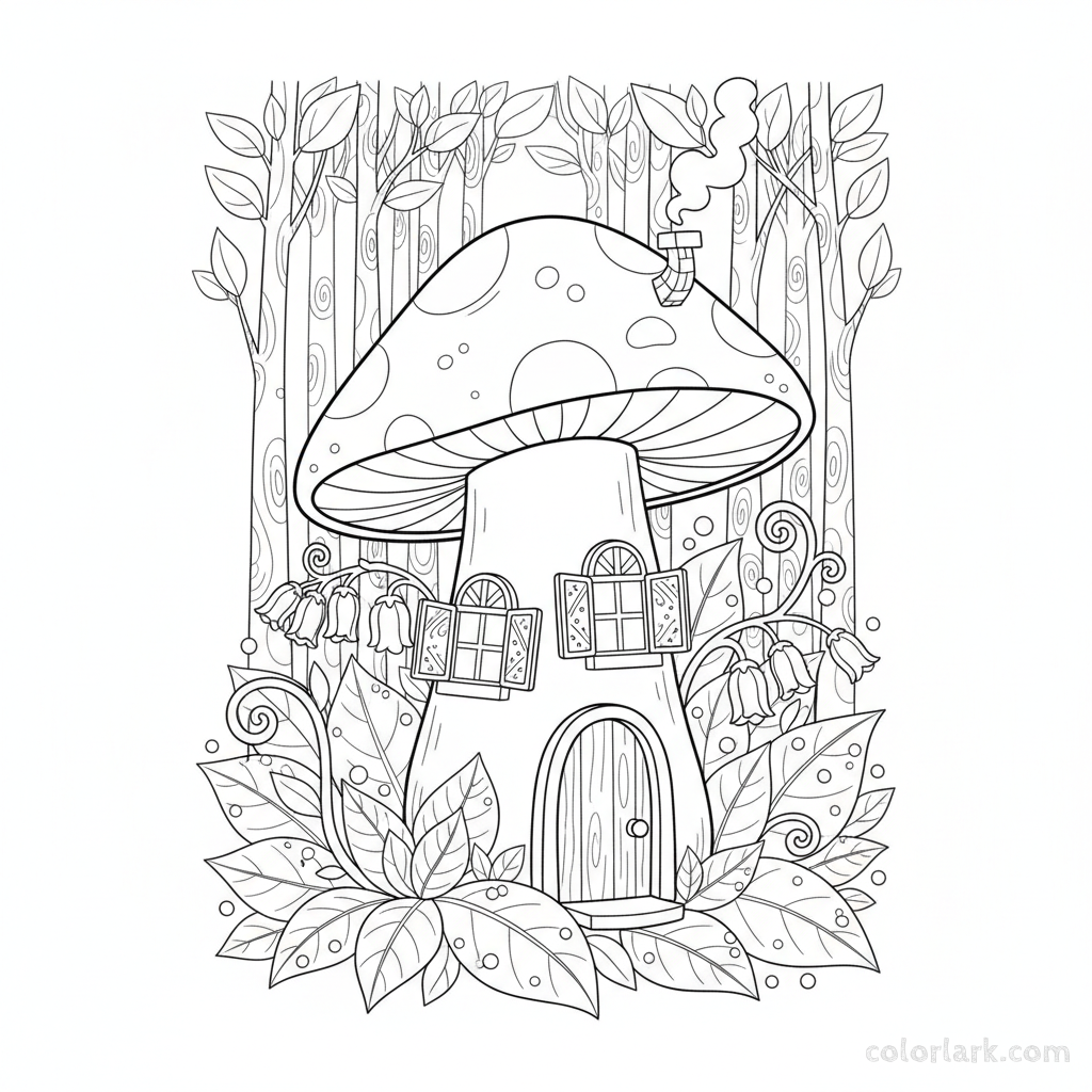 Black and white line art of a whimsical mushroom house with a door and windows in an enchanted forest, for coloring.