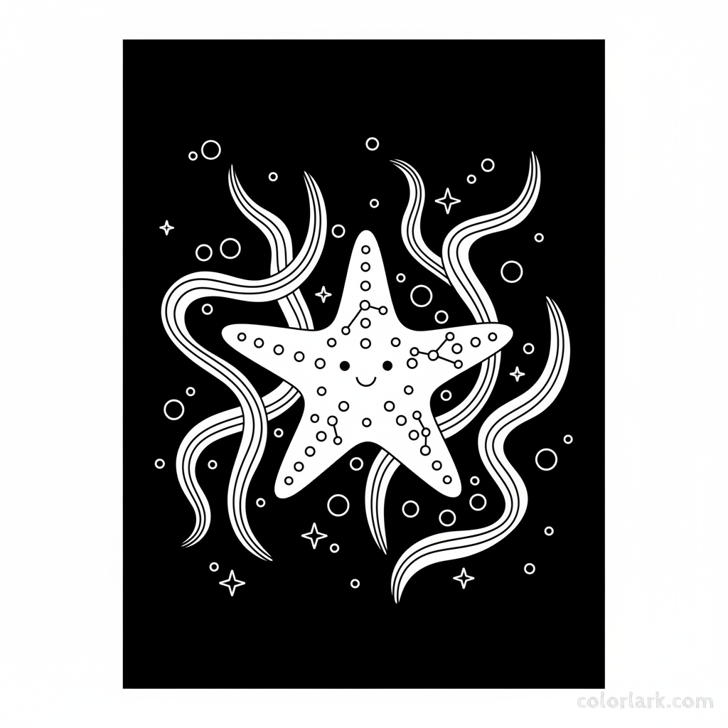 Black and white line art of an enchanted starfish floating amongst whimsical, glowing strands of bioluminescent algae.