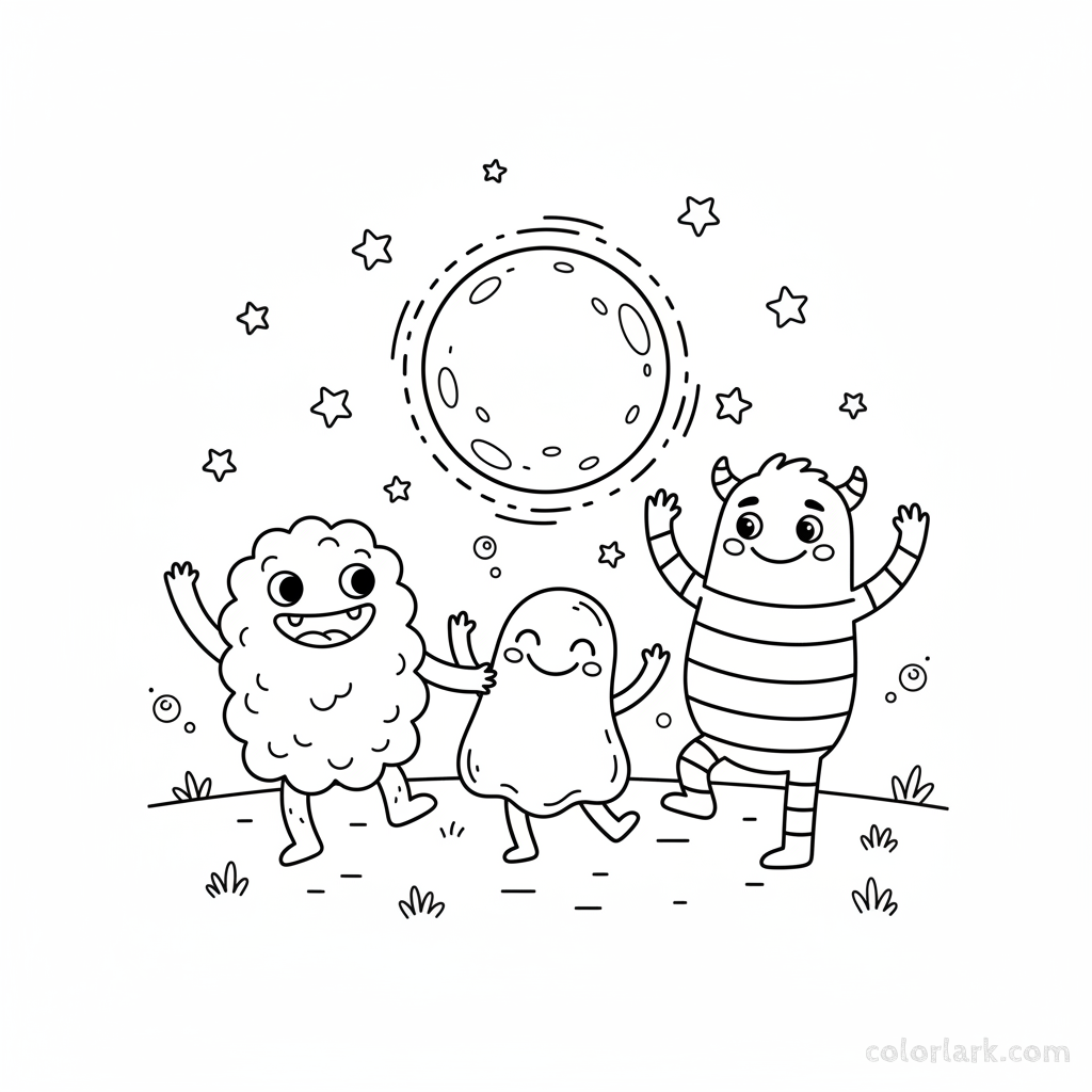 Black and white line art of friendly monsters dancing under a full moon with stars, cute Halloween coloring page.