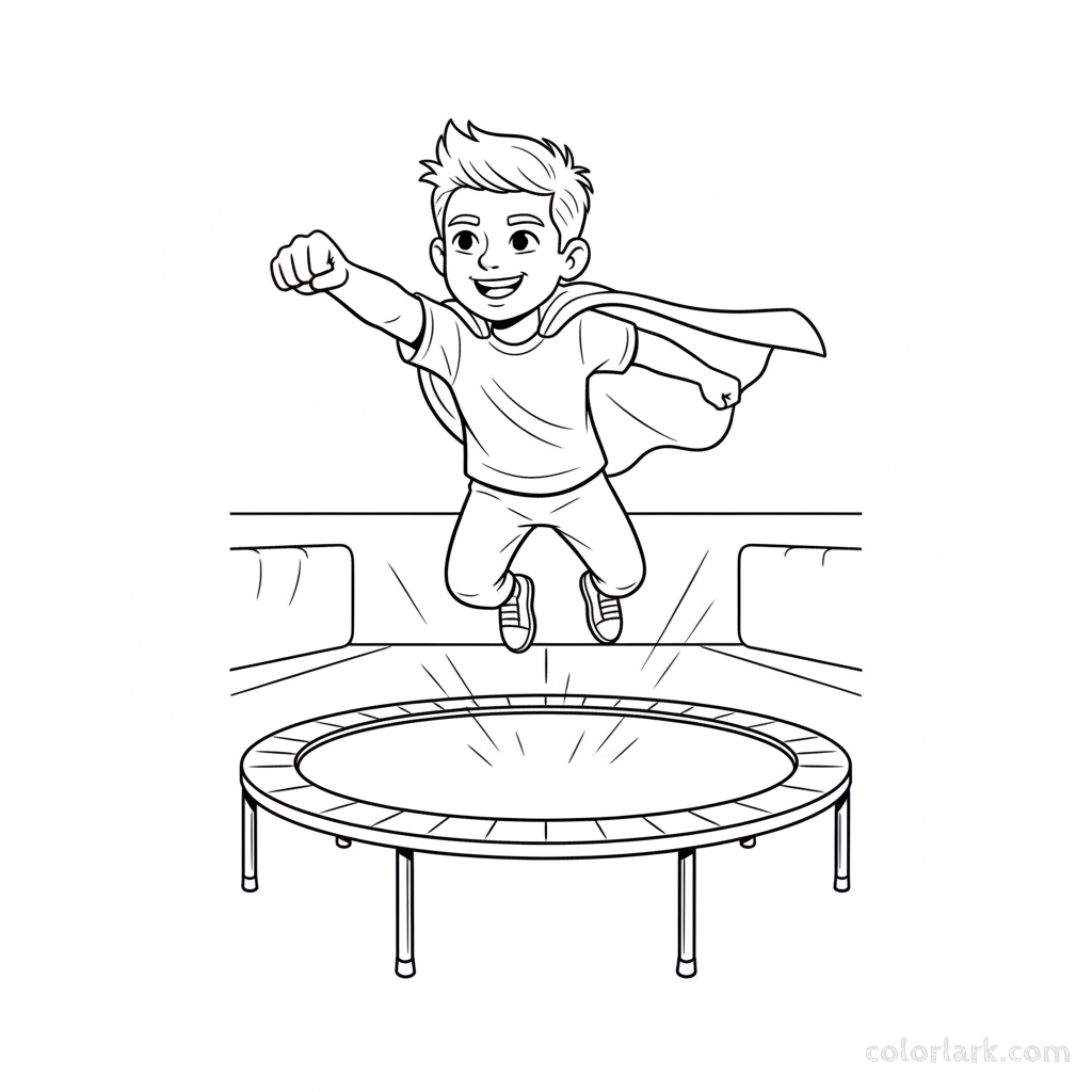 Black and white line art of an energetic boy bouncing on a trampoline, posing like a superhero, at a kids fitness center.