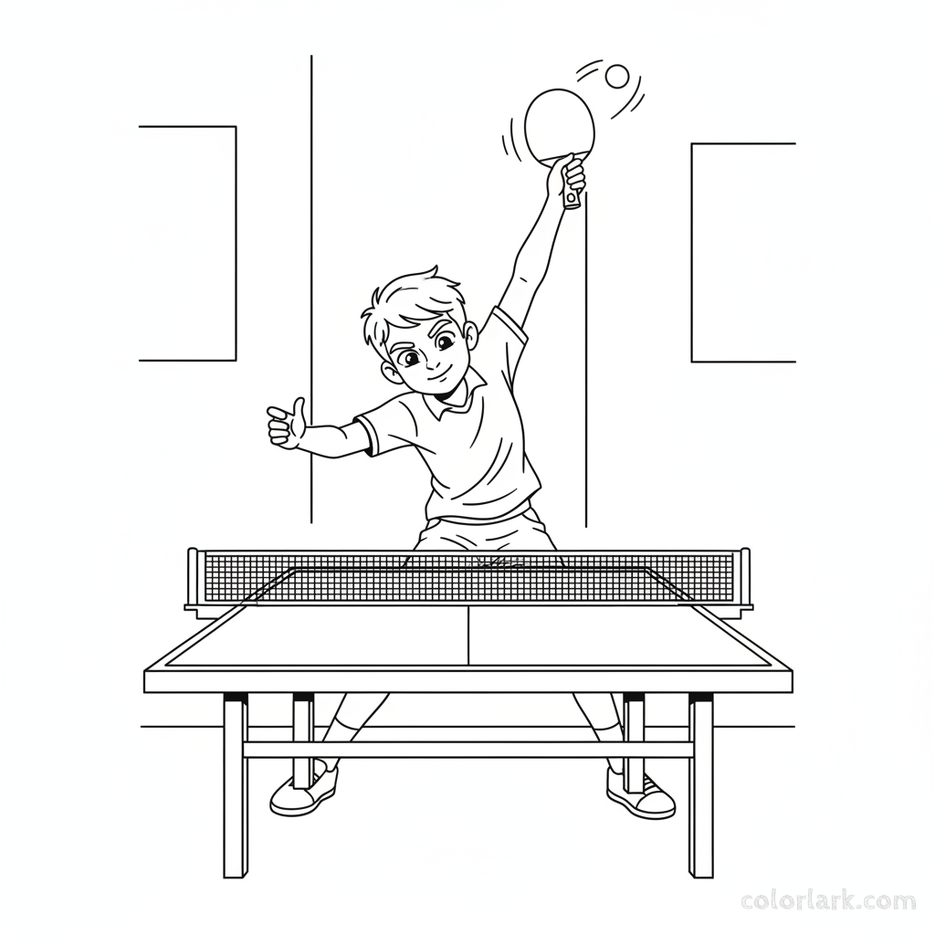 Line art of an energetic boy practicing a forehand loop with a high paddle finish in table tennis.