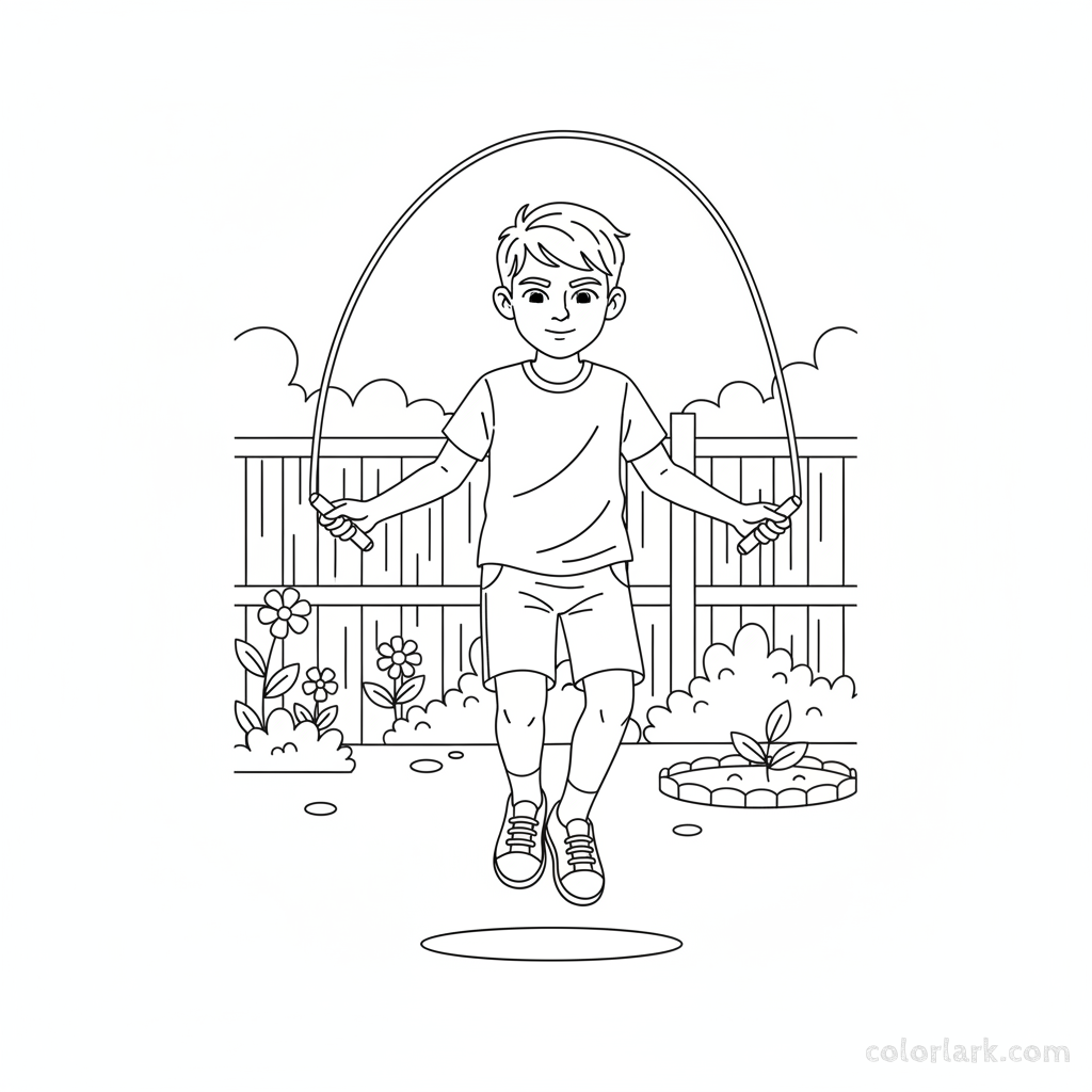 Line art of an energetic boy skipping rope in his sunny backyard