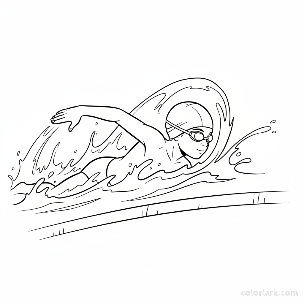 Black and white line art of an energetic child swimming front crawl in a pool, wearing a swim cap and goggles.