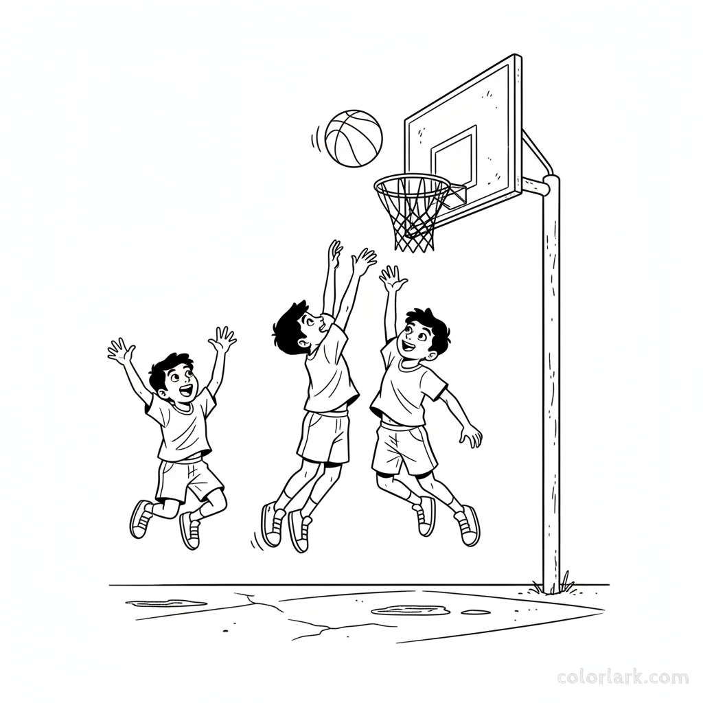 Line art of energetic Indian children jumping for a basketball rebound on a street, with a friend cheering.