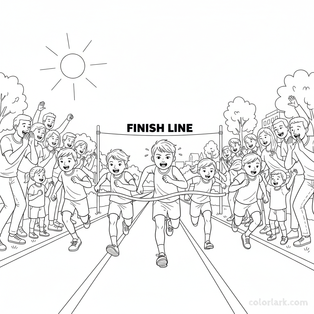 Line art of energetic children running a race to the finish line with a cheering audience