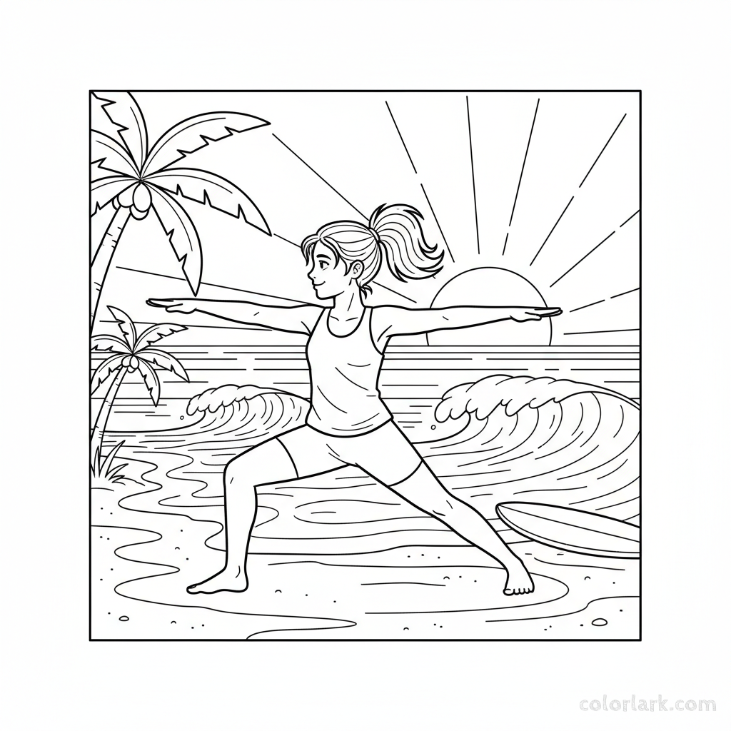 Line art of an energetic girl in Warrior II yoga pose on a surfing beach at sunrise, for coloring.
