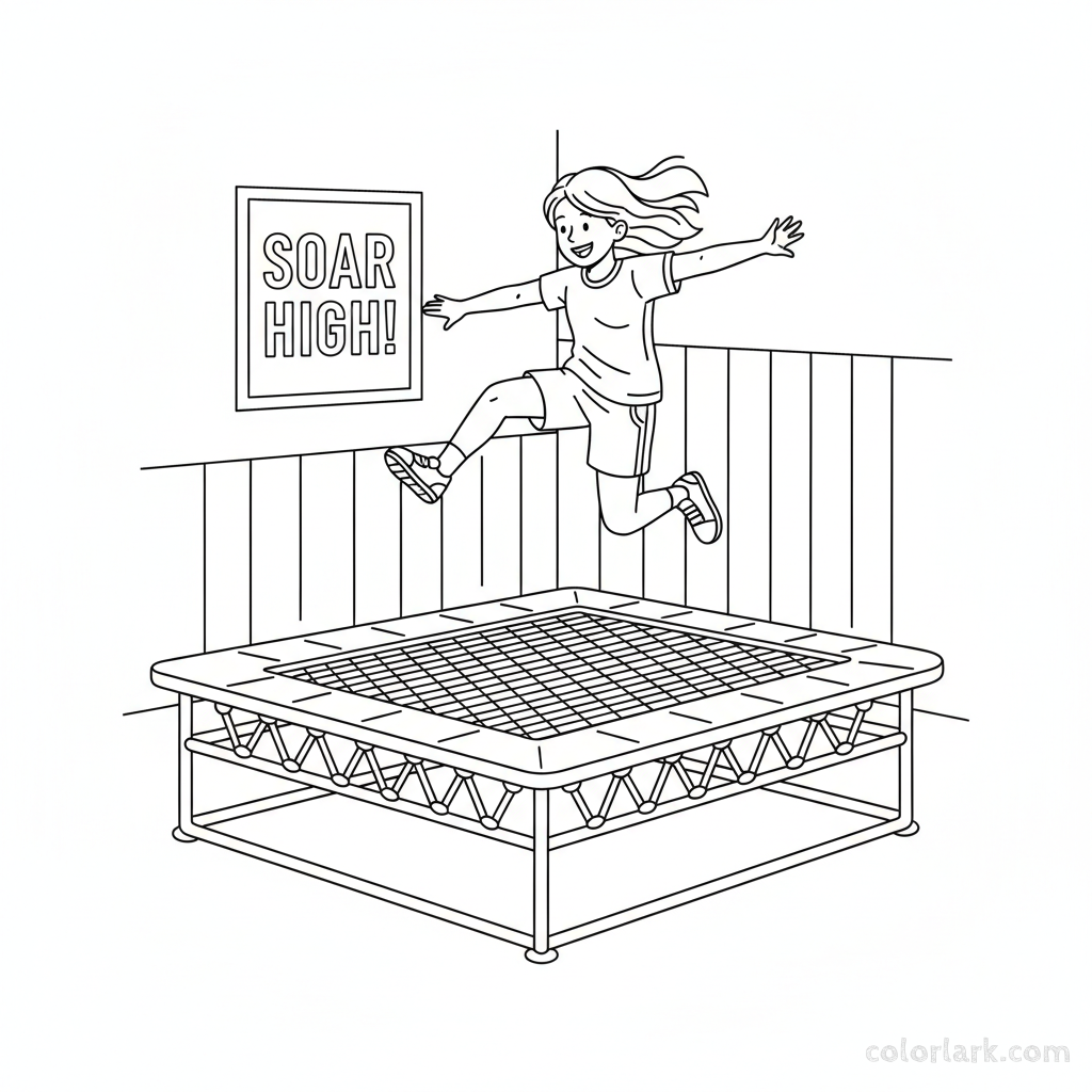 Black and white line art of an energetic girl kicking her legs while bouncing on a gym trampoline at a kids fitness center.