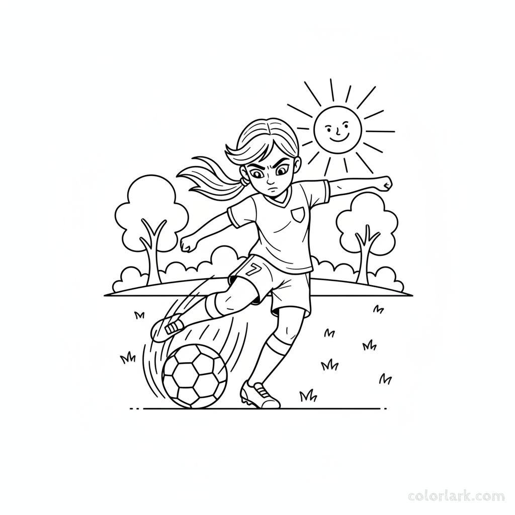 Line art of an energetic girl soccer player striking a football with force.
