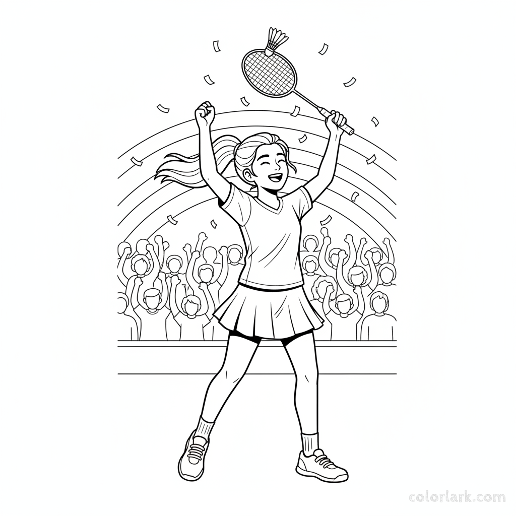 Line art of an energetic young girl raising her badminton racket after winning a championship.