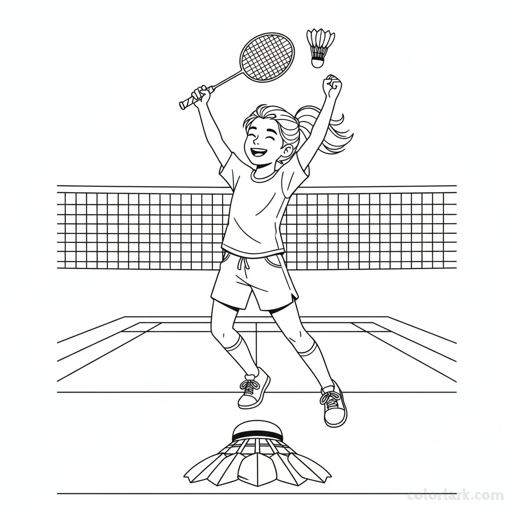 Line art of an energetic girl in a victory pose after winning a badminton match, raising her racket.