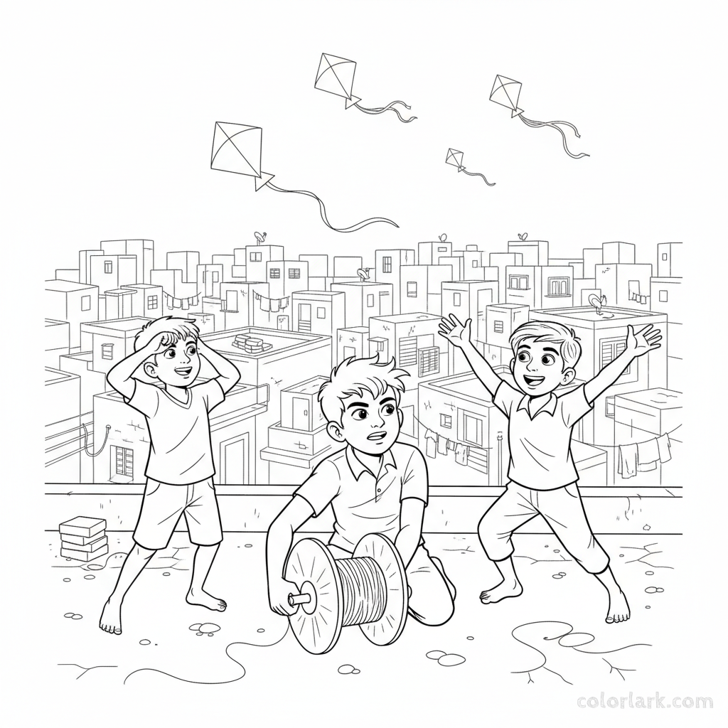 Line art of energetic Indian boys reeling in kites on a sunny urban rooftop, suitable for coloring.