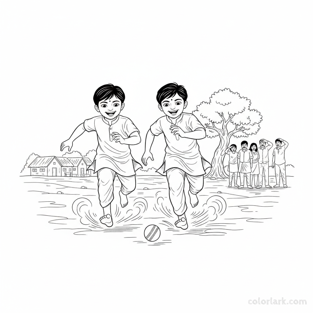 Two energetic Indian children running across a dusty village ground to retrieve a rolling cricket ball.
