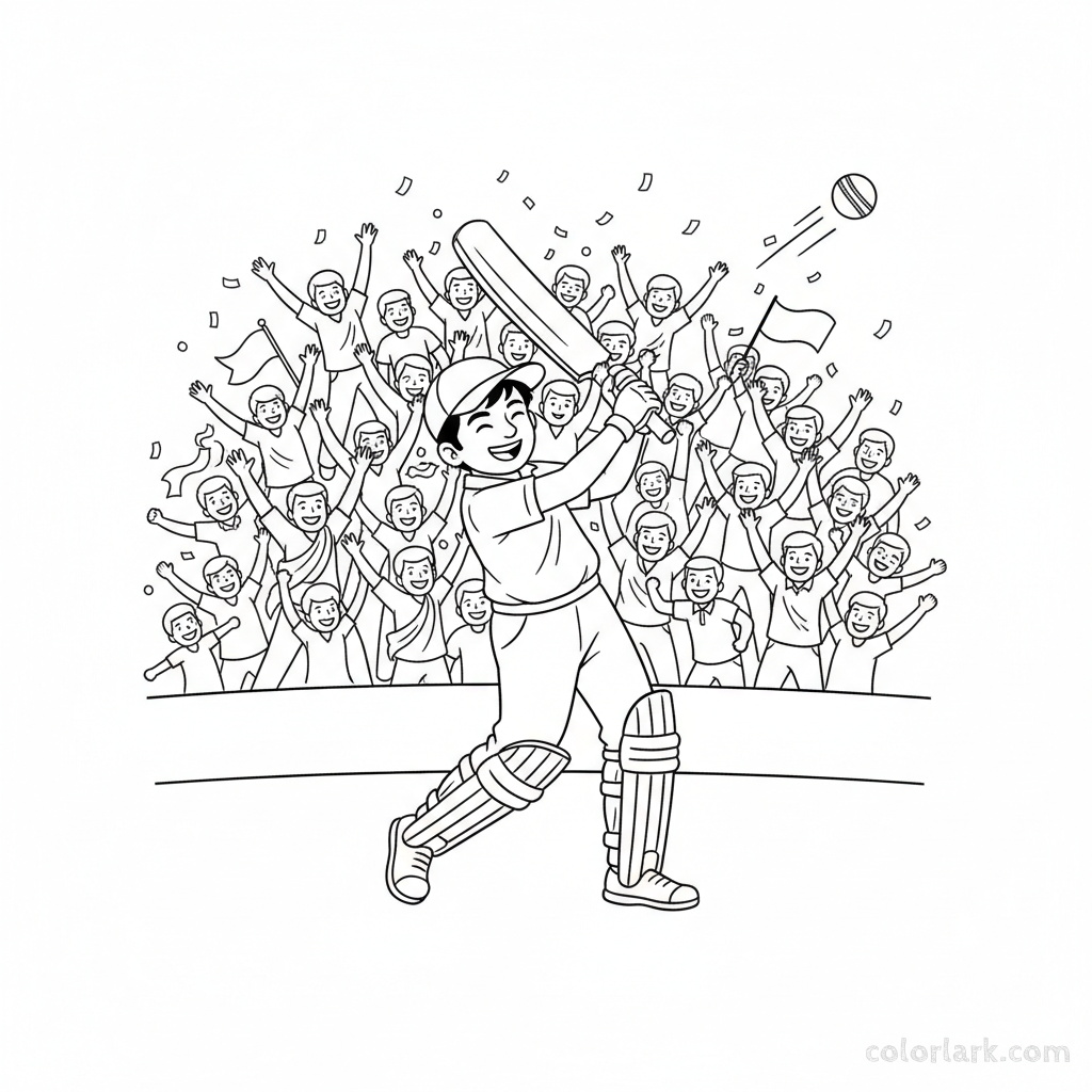 Black and white line art of an energetic Indian kid hitting a grand six and the stadium audience bursting with joy.