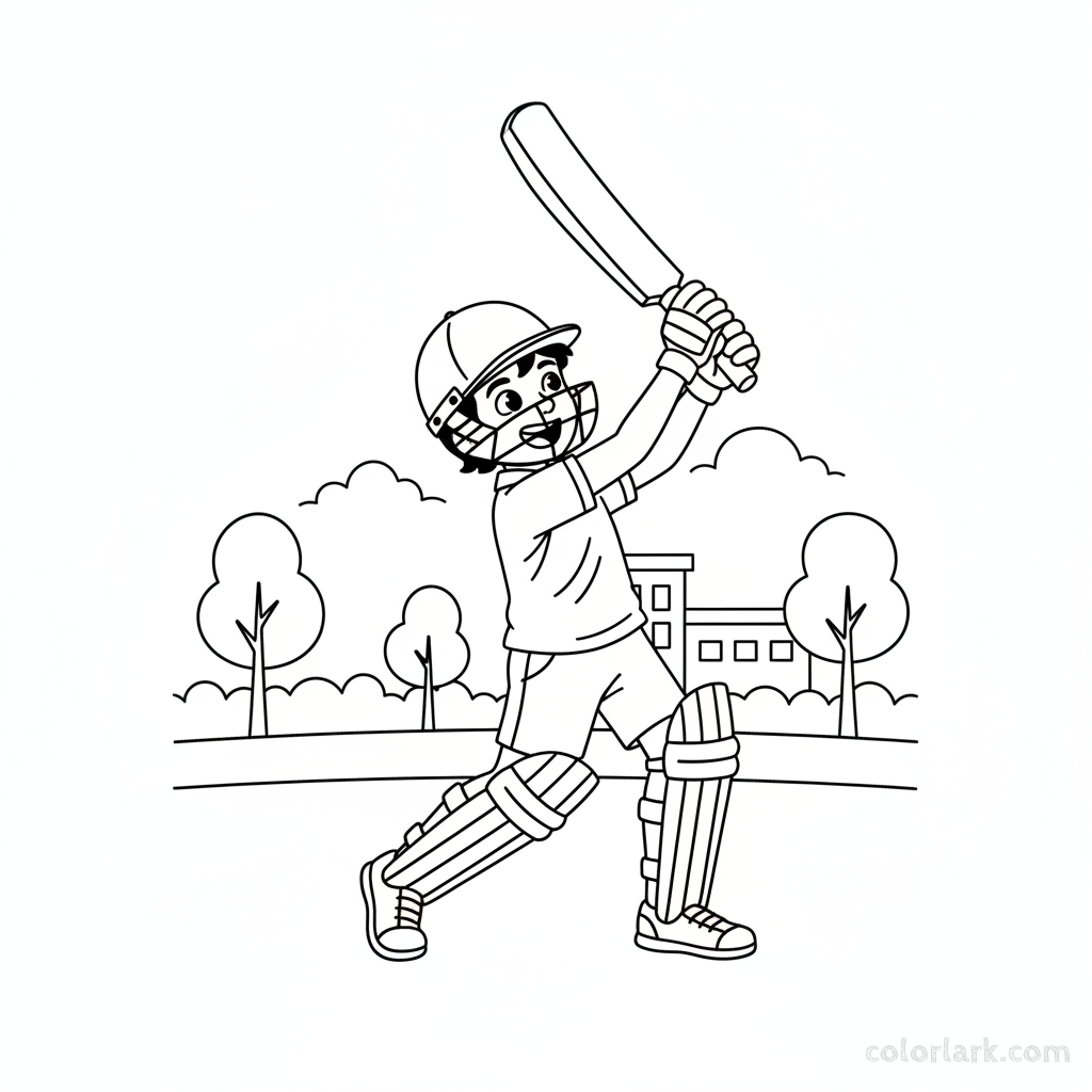 Energetic Indian kid cricketer in helmet and pads, mid-swing with a cricket bat, practicing batting.