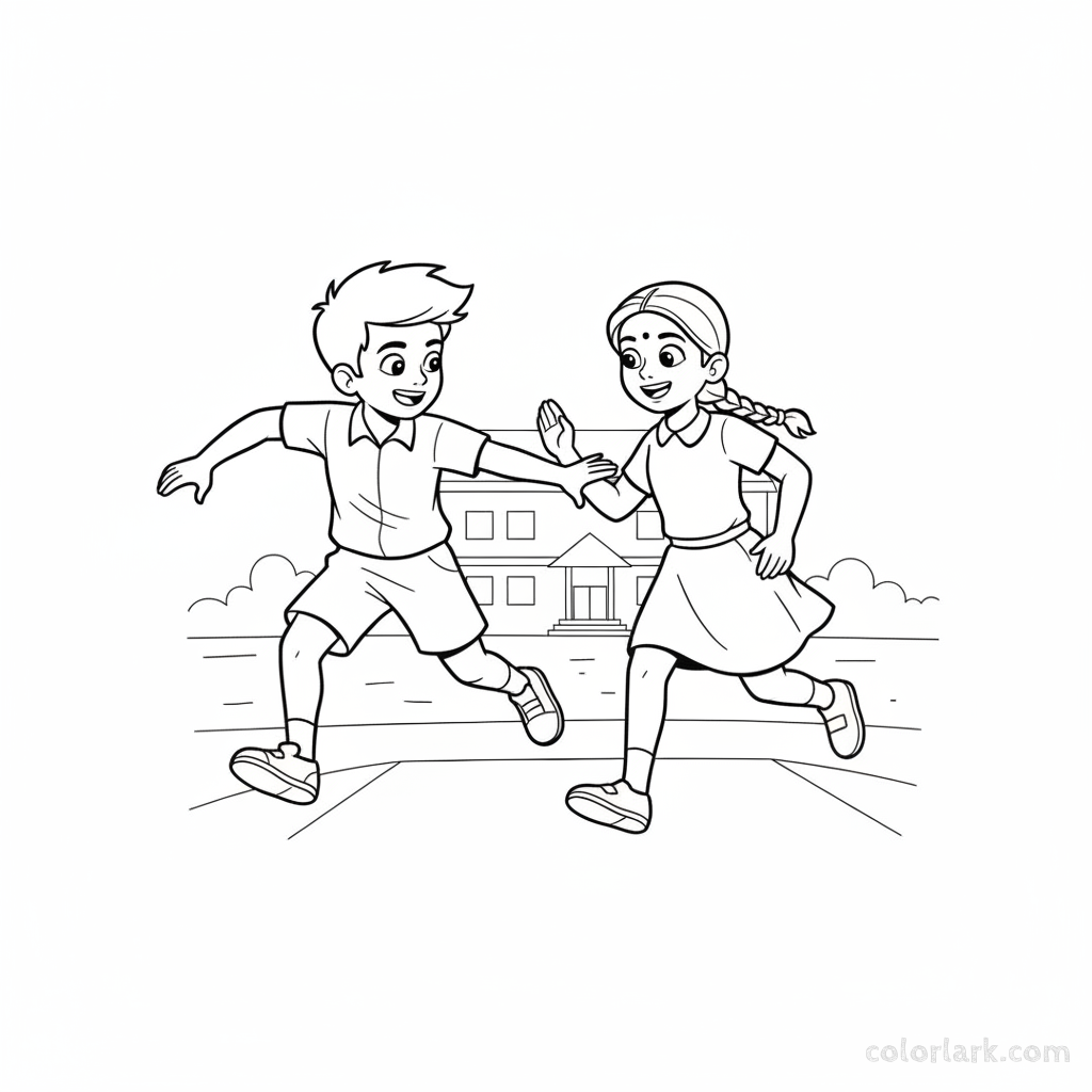 Line art of two Indian children playing Kho-Kho, one chasing the other on a school ground.