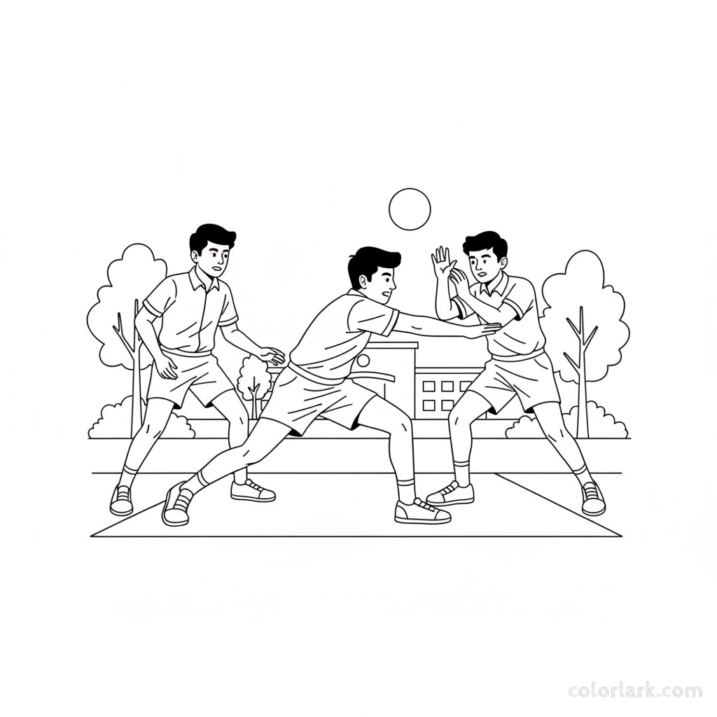 Black and white line art of energetic Indian school boys playing a kabaddi match during sports day, one raider tagging a defender.