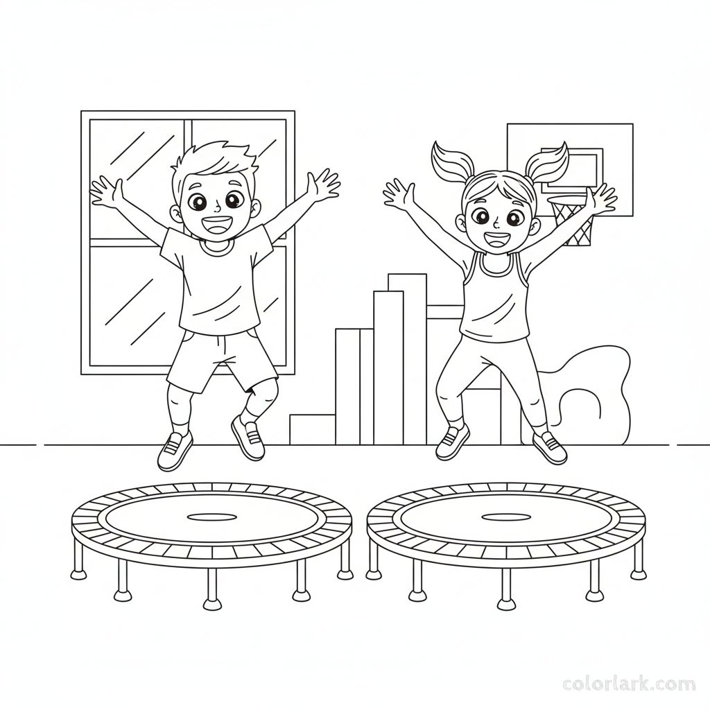 Black and white line art of energetic kids with big smiles jumping on fitness trampolines in a kids fitness center.