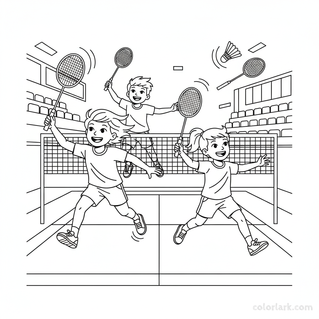 Four children in dynamic poses, playing a fast-paced doubles badminton rally.