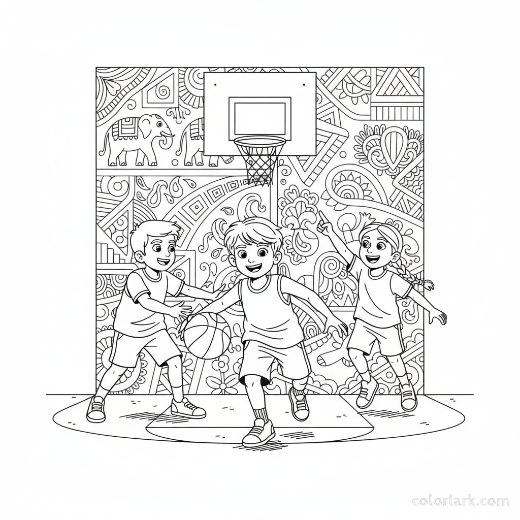 Line art of energetic Indian kids playing basketball near a wall with Indian folk art, with friends cheering.