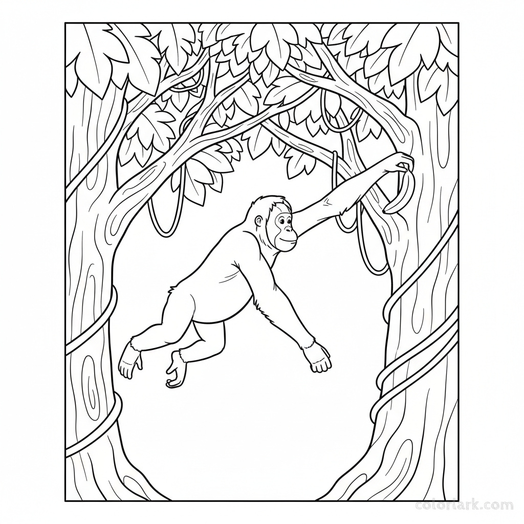 Black and white line art of a young Orangutan monkey mid-jump between two trees, reaching for a hanging banana.