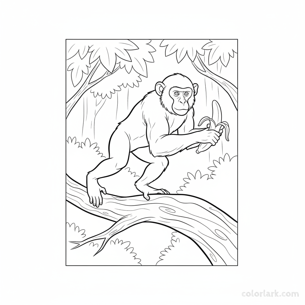 Line art of an energetic Rhesus monkey jumping off a tree branch, holding a whole banana.