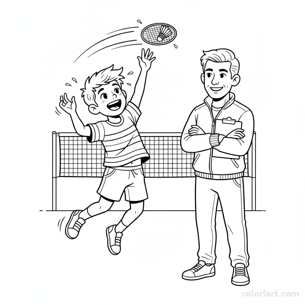 Line art of an enthusiastic boy hitting a shuttlecock with a badminton smash, with his coach.