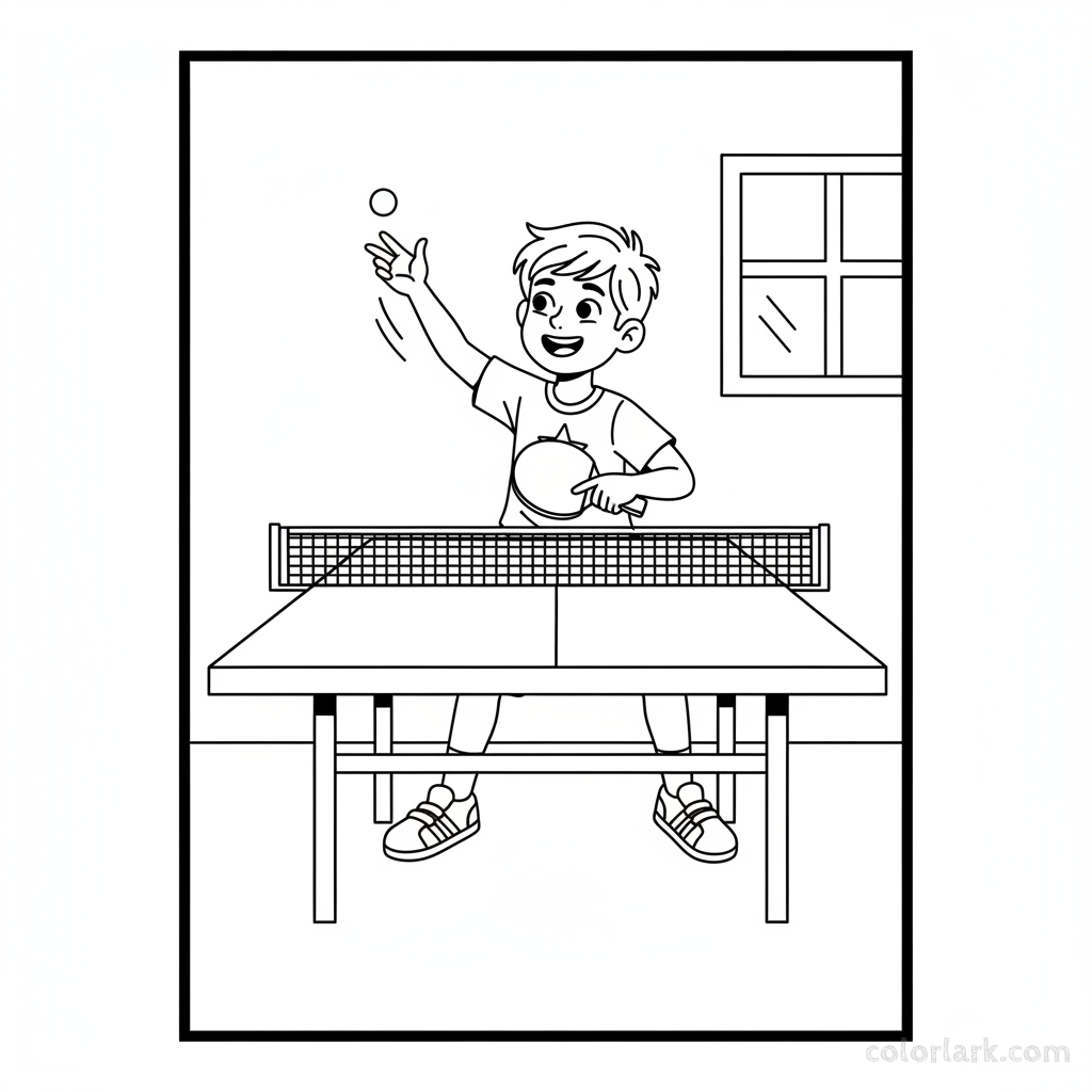 Line art of an enthusiastic young boy learning to serve in table tennis.