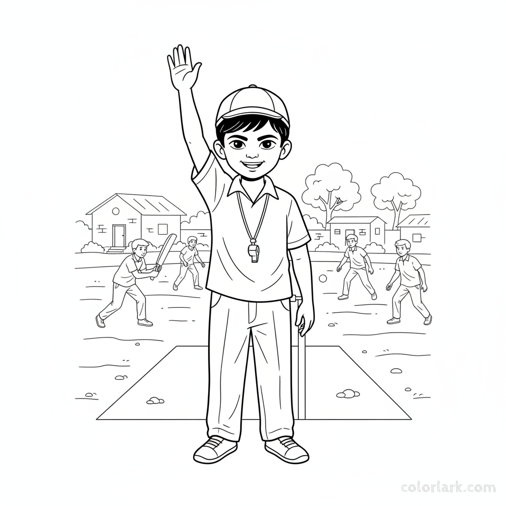 Enthusiastic Indian child with raised arm, umpiring a village cricket game on a dusty ground.