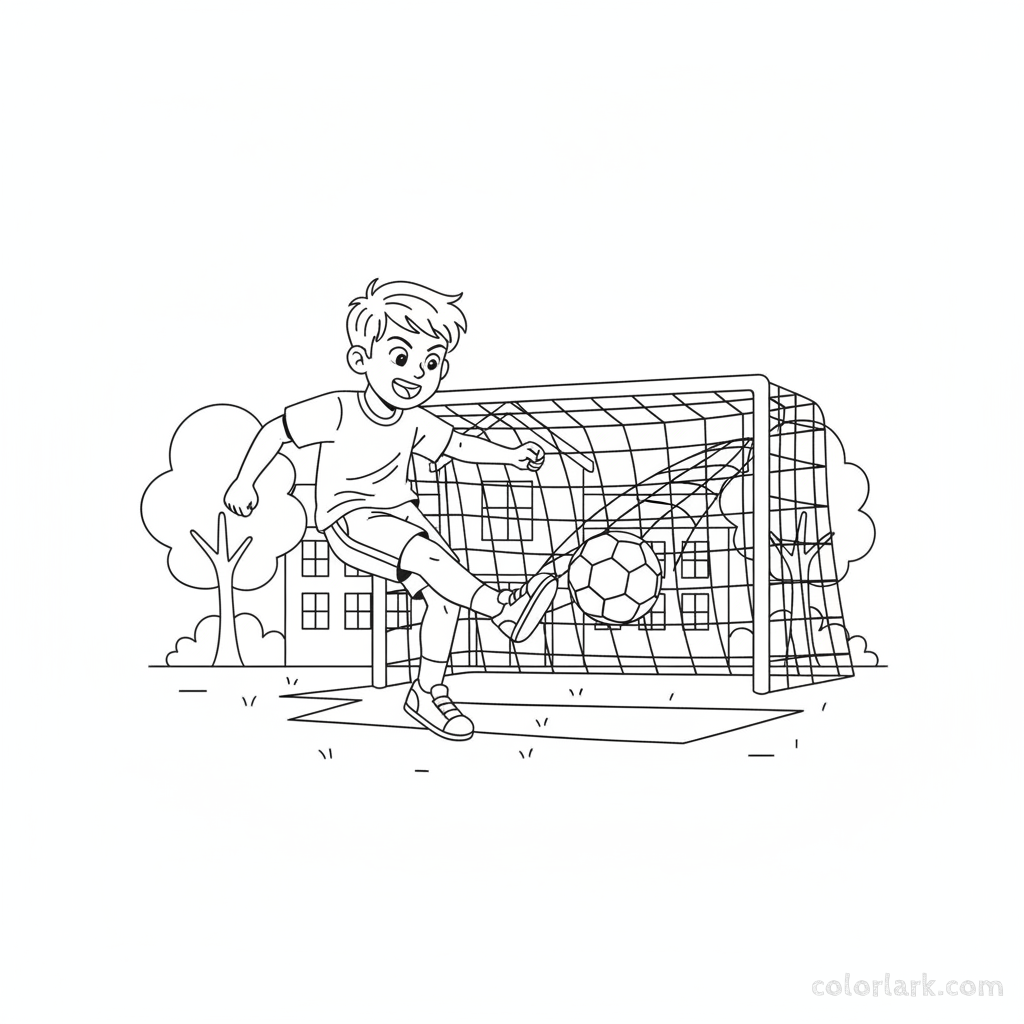 Line art of a boy kicking a soccer ball into a goal on a school field, showing the ball mid-flight into the net.