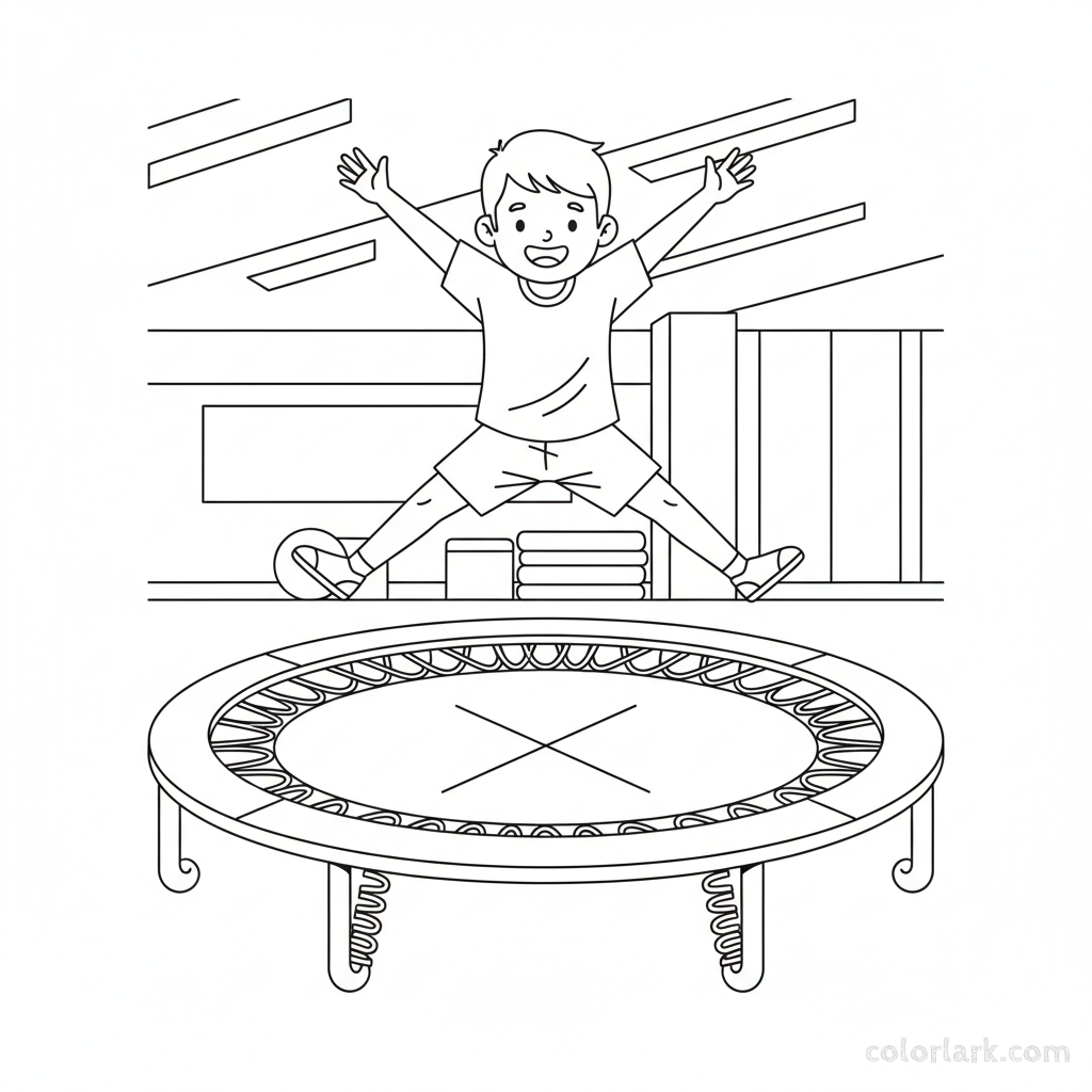 Black and white line art of an excited child performing a star jump on a trampoline in a kids gym.