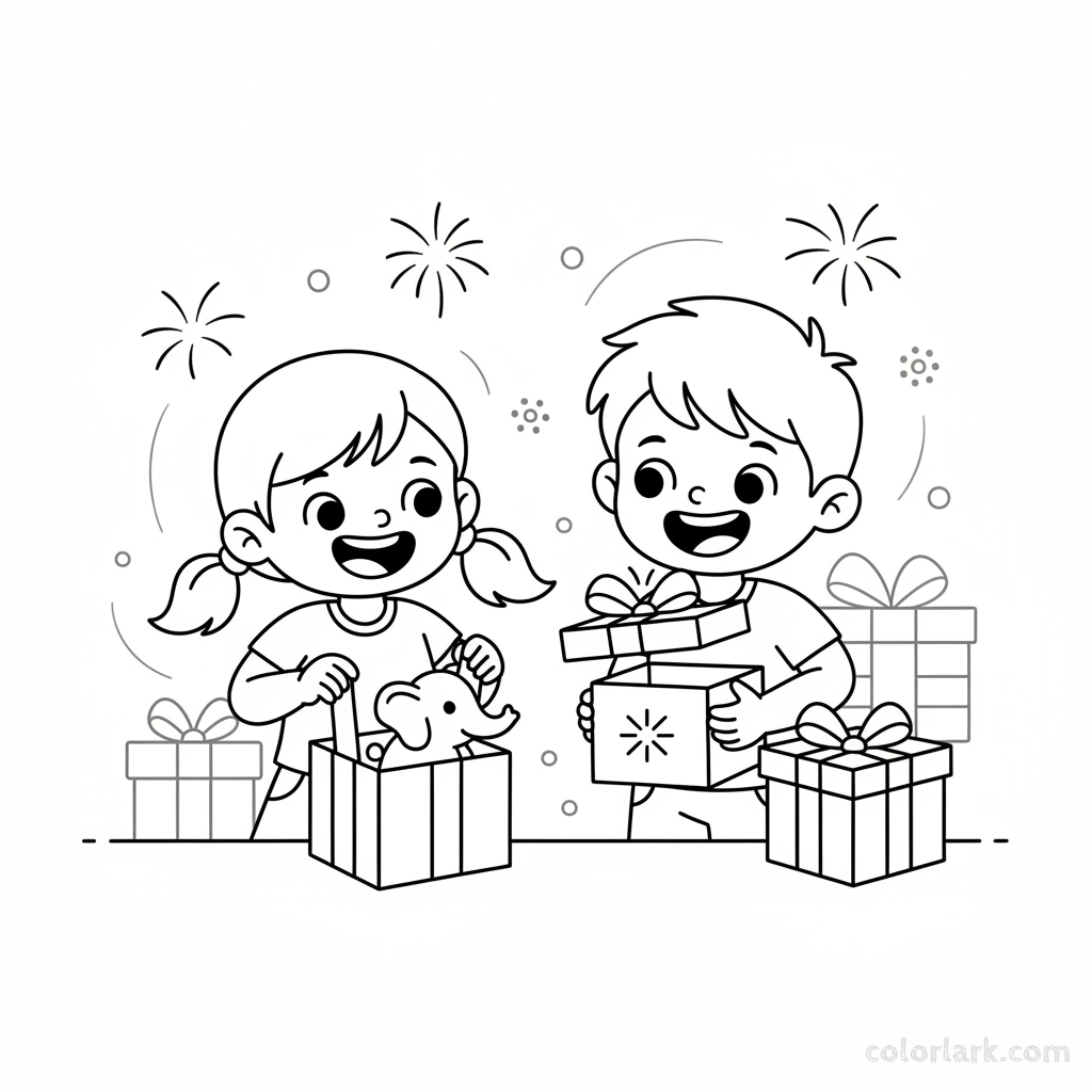 Excited children with big smiles opening festive Diwali gift boxes, showing their delight, black-and-white line art