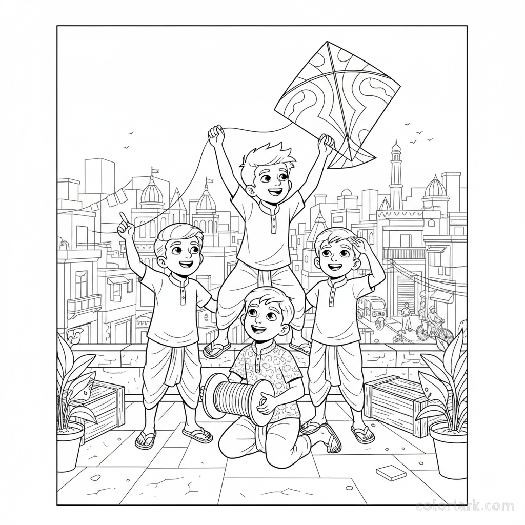 Line art of an excited group of Indian boys anticipating a kite launch on an Indian city rooftop, for coloring.
