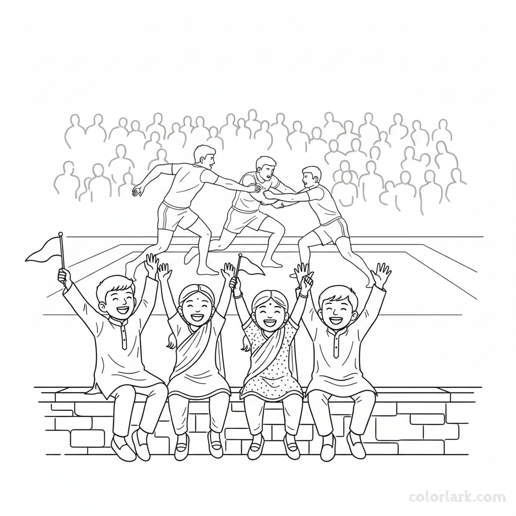 Line art of excited Indian children with raised arms, cheering at a Kabaddi National Tournament from the sidelines.