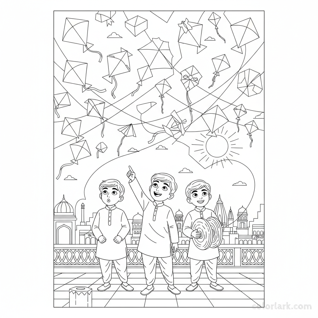 Line art of excited Indian children pointing at kites in the sky from an Indian city rooftop, for coloring.