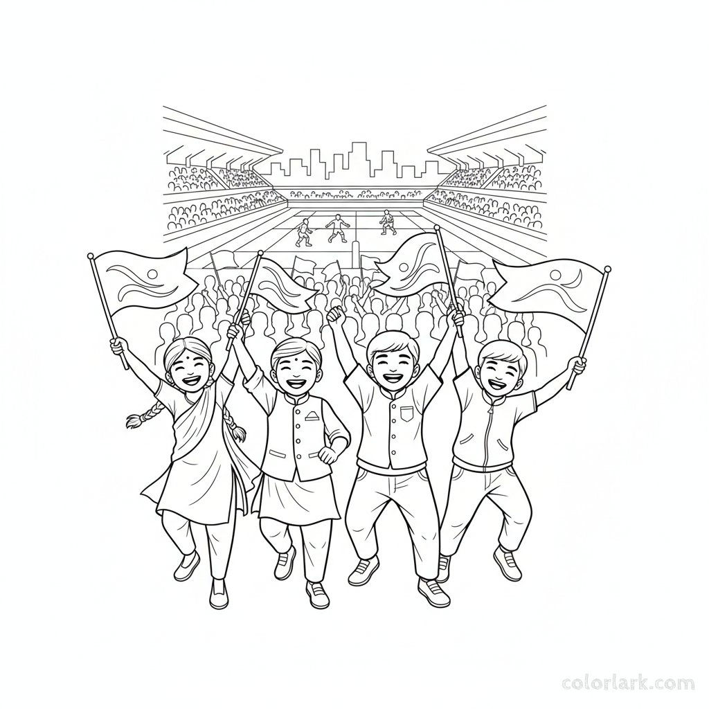 Line art of excited Indian children waving small flags while watching Kabaddi National Games.