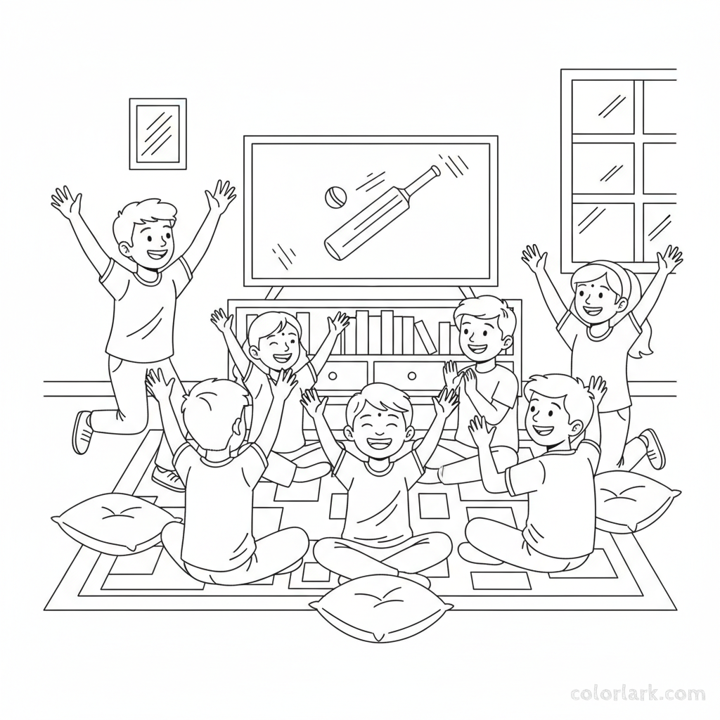 Black and white line art of excited Indian children cheering a cricket boundary while watching a match on a television screen in a living room.