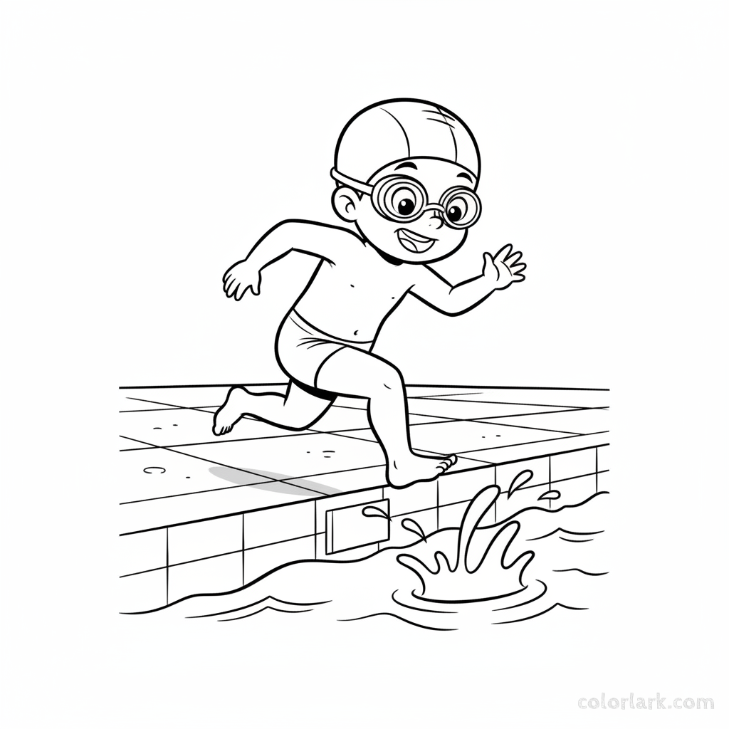 Black and white line art of an excited child about to jump into a pool for freestyle, wearing a swim cap and goggles.