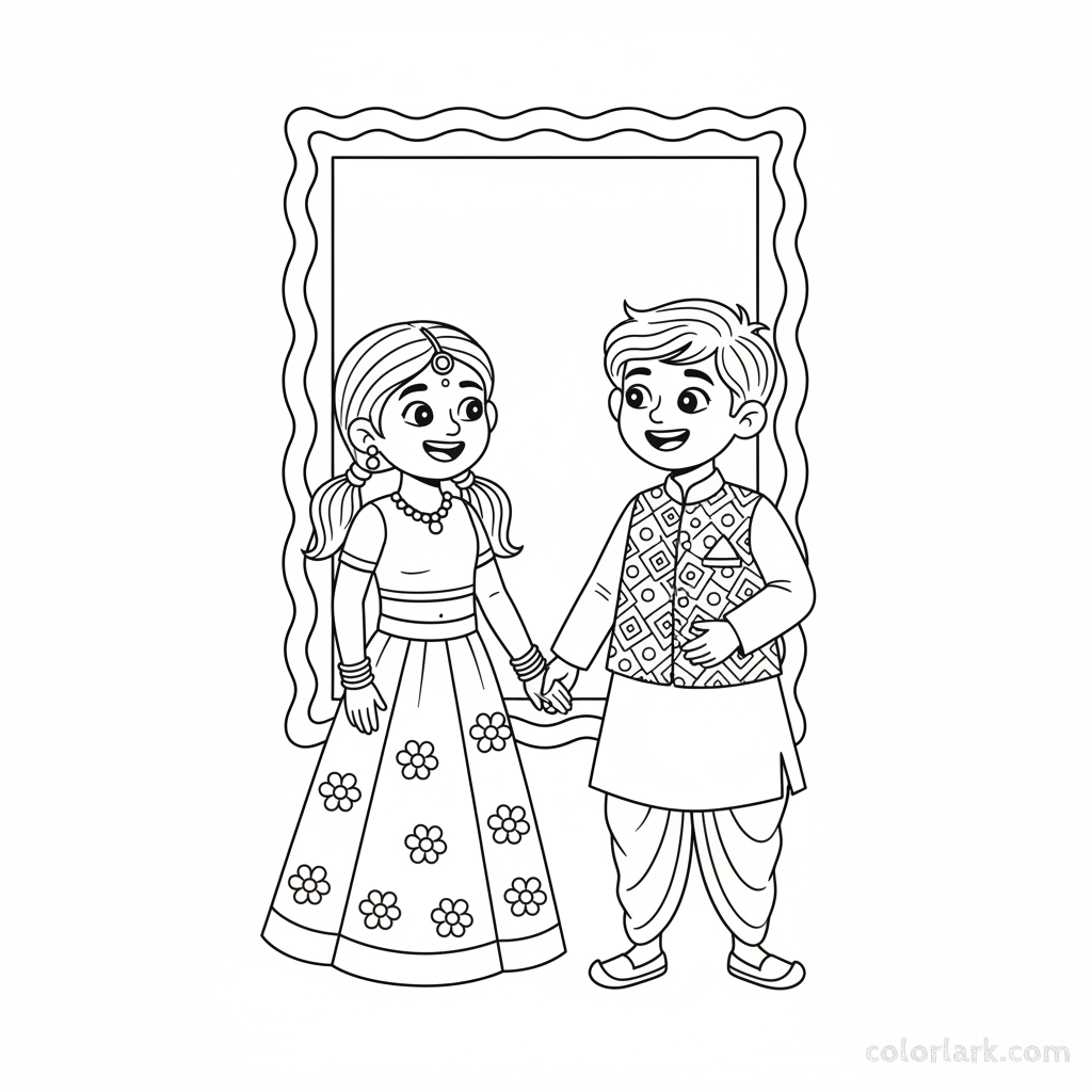Excited children admiring their brand new traditional Diwali clothes and simple jewelry, full of wonder, black-and-white line art