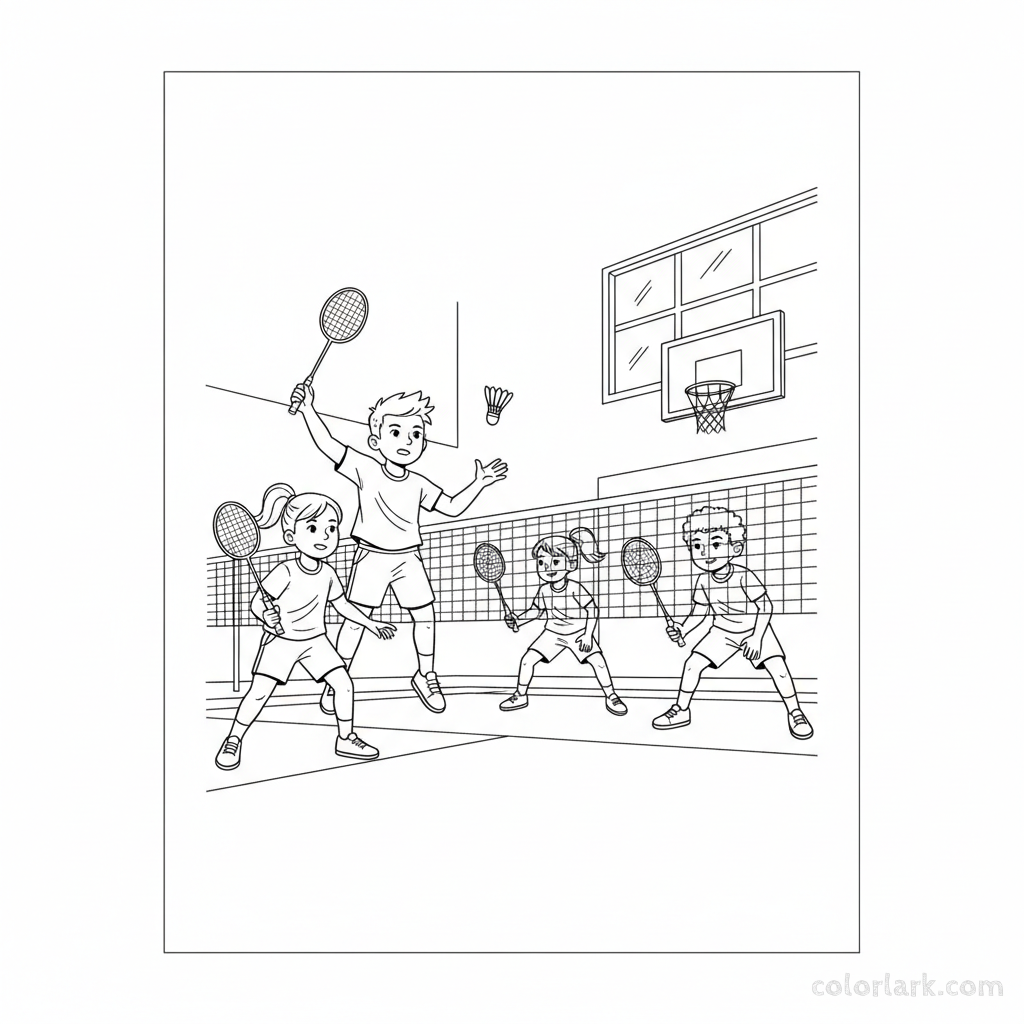 Four children playing doubles badminton, one serving the shuttlecock in a school gymnasium.