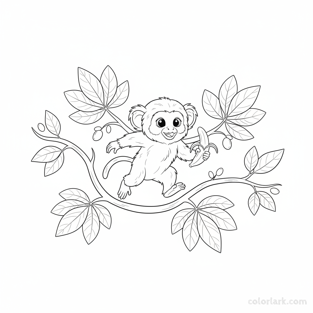 Line art of an excited Marmoset monkey making a small jump between branches while eating a banana.