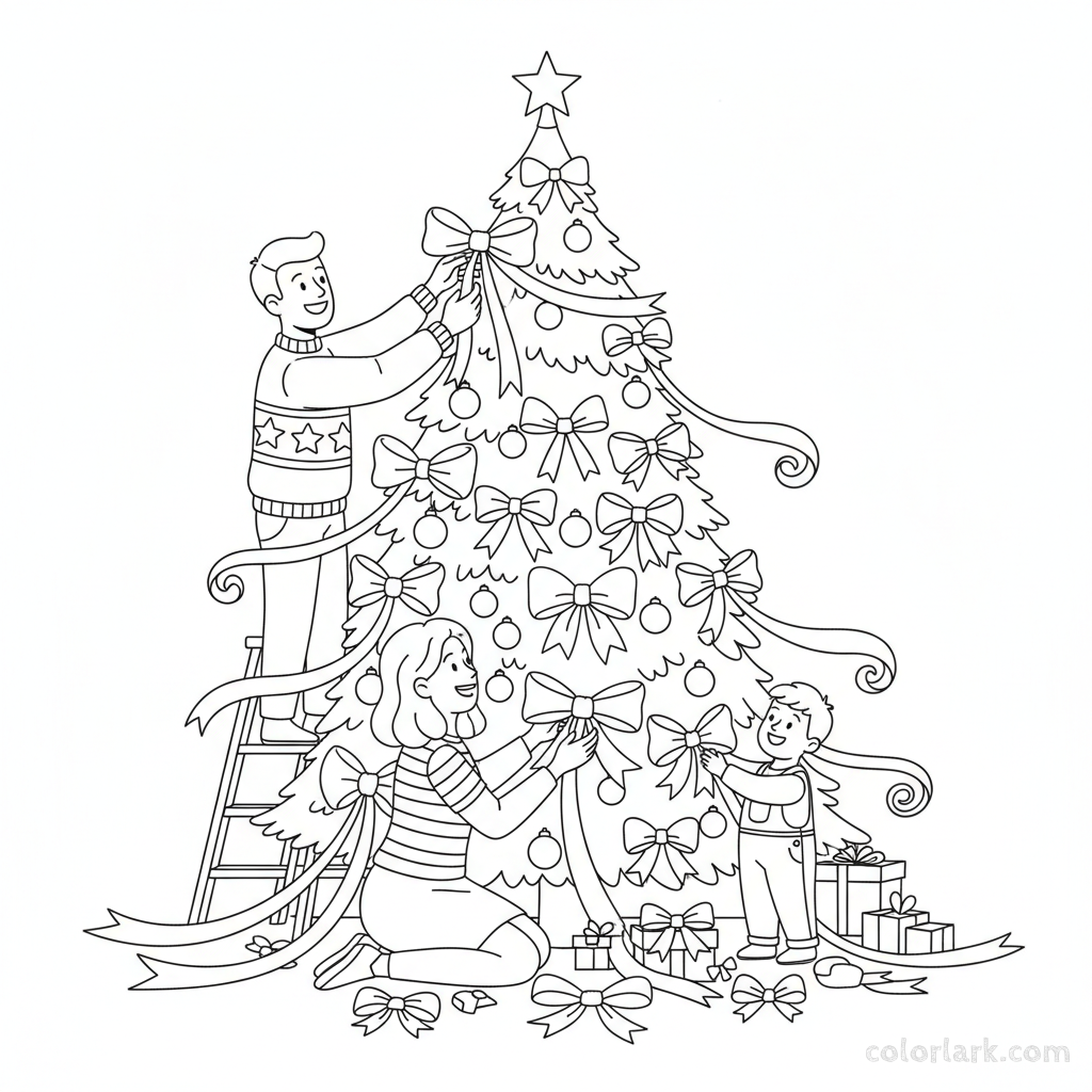 Black and white line art of a family attaching decorative bows and ribbons to a festive Christmas tree.