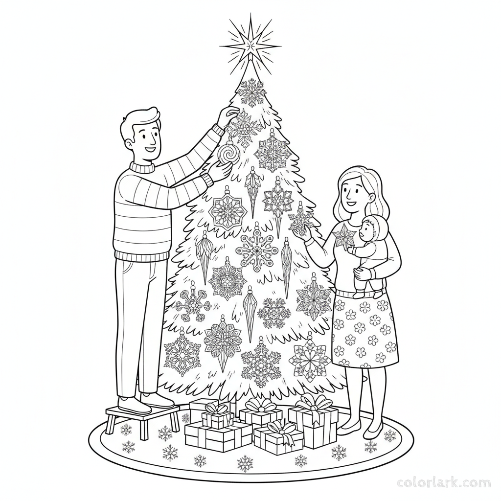 Black and white line art of a family attaching colourful (outlined) sparkly snowflake ornaments to a festive Christmas tree.