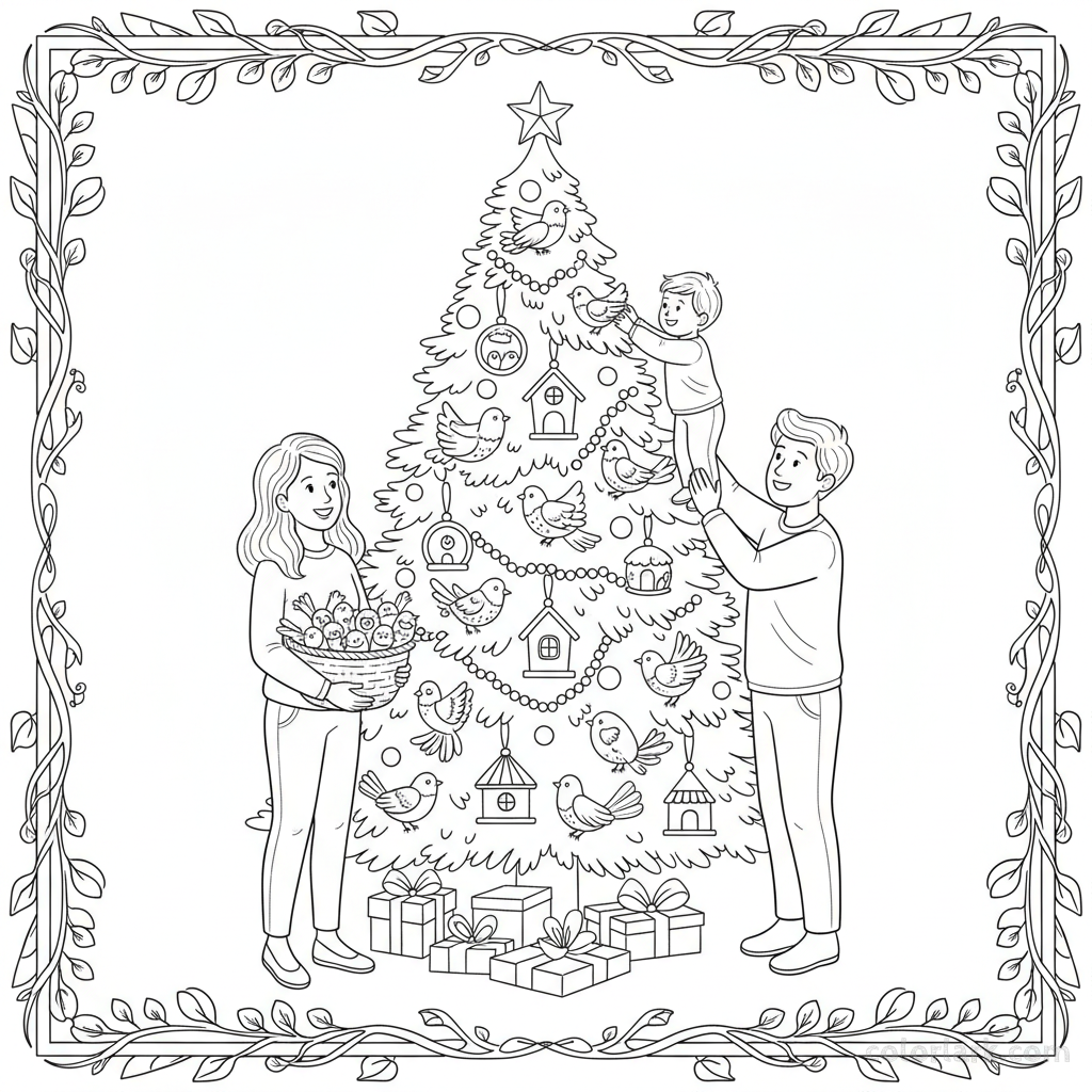 Black and white line art of a family attaching whimsical bird ornaments and birdhouses to a Christmas tree.