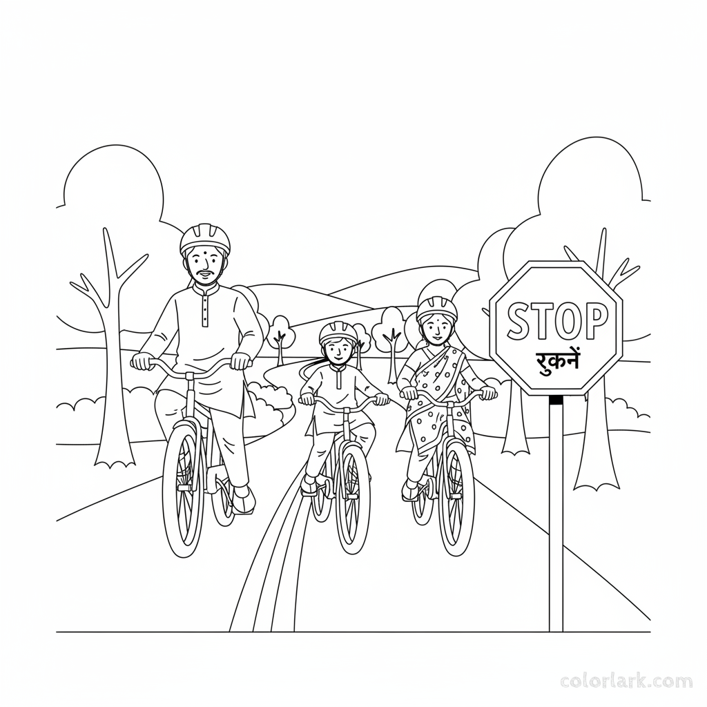 Black and white line art of an Indian family on bicycles stopping near an Indian stop sign.