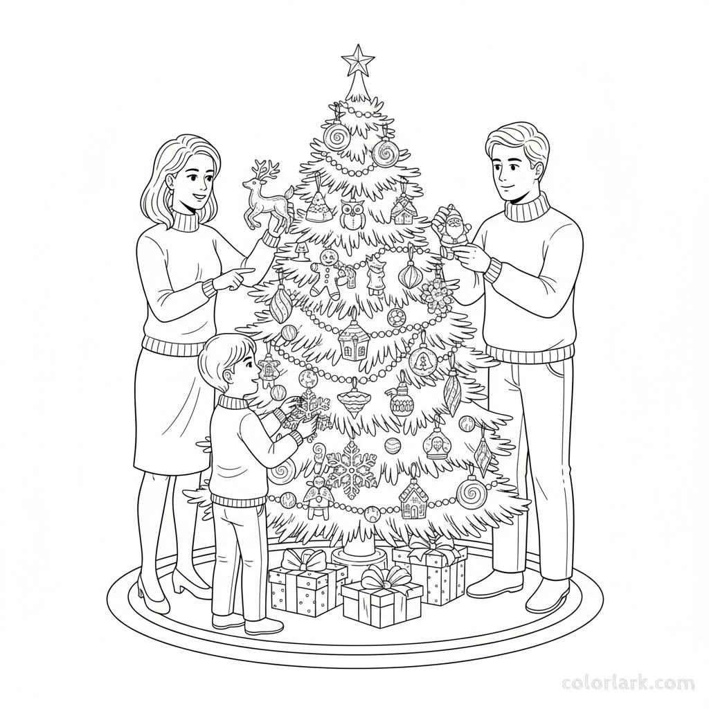 Line art of a family decorating a Christmas tree with detailed blown glass figurine ornaments.
