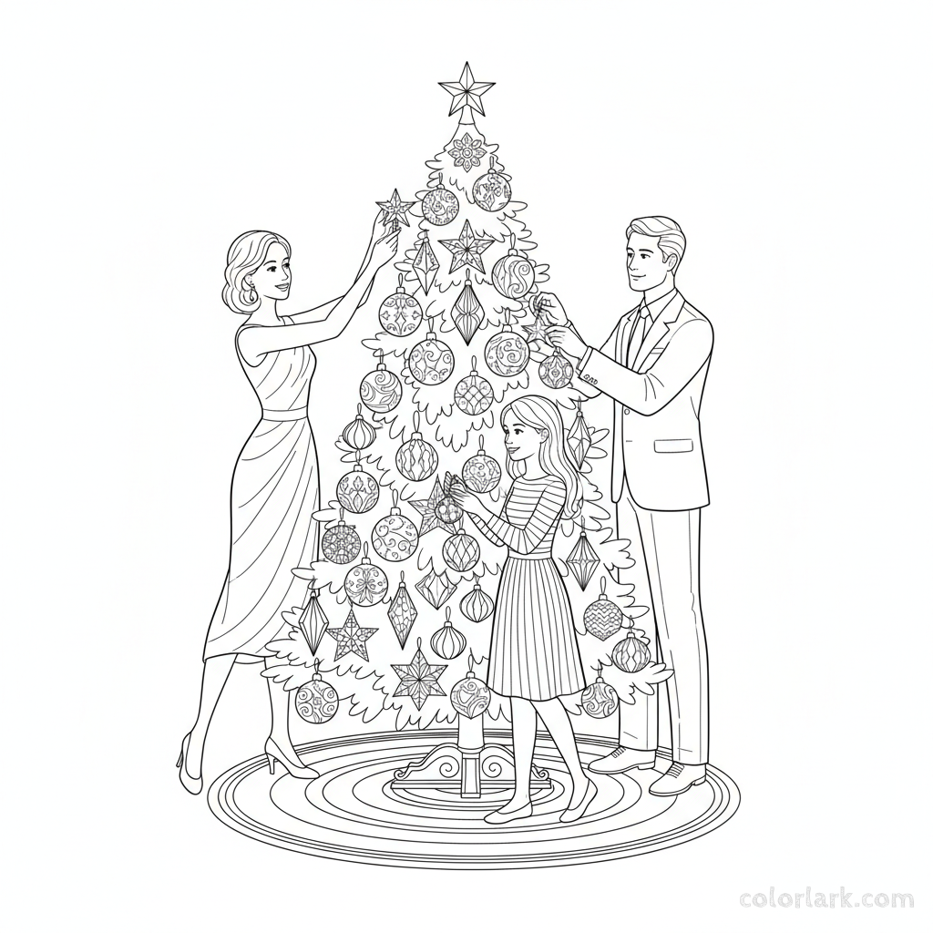 Line art of a family decorating a Christmas tree with elegant gold and silver ornaments.